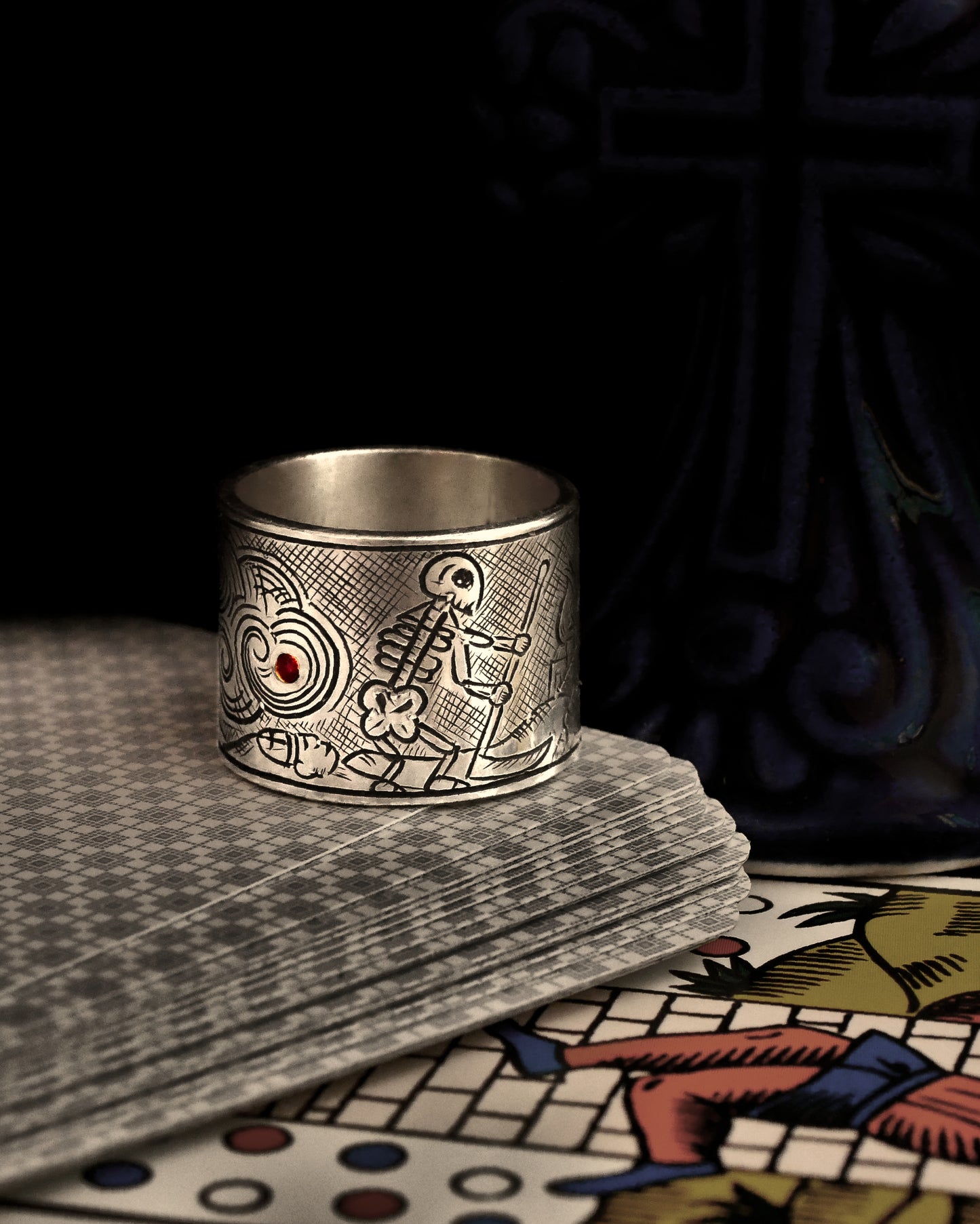 TAROT RING: DEATH X THE TOWER - Sterling Silver, Garnet