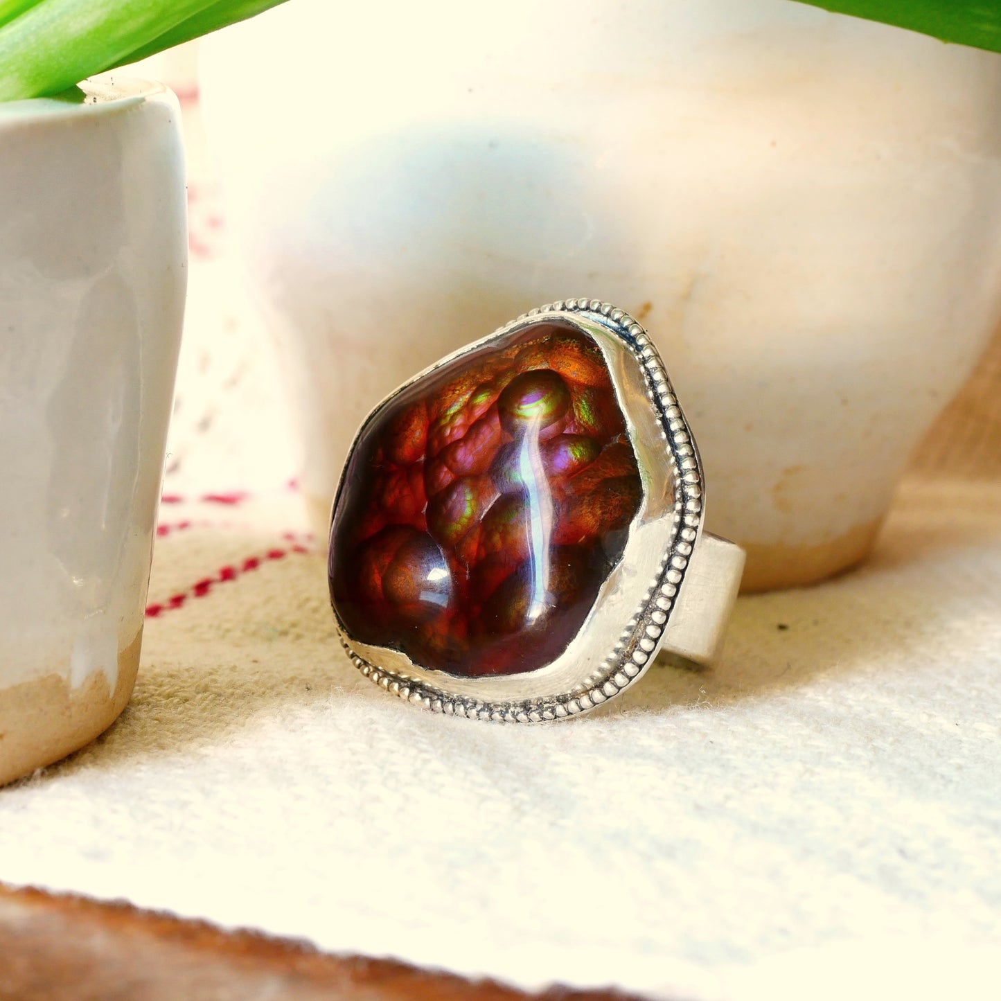 bague en argent et agate de feu mexicaine
