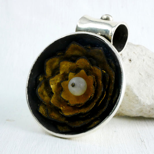 PENDENTIF PADMA - Argent 925, Feuille d'or, Pierre de Lune & Verre